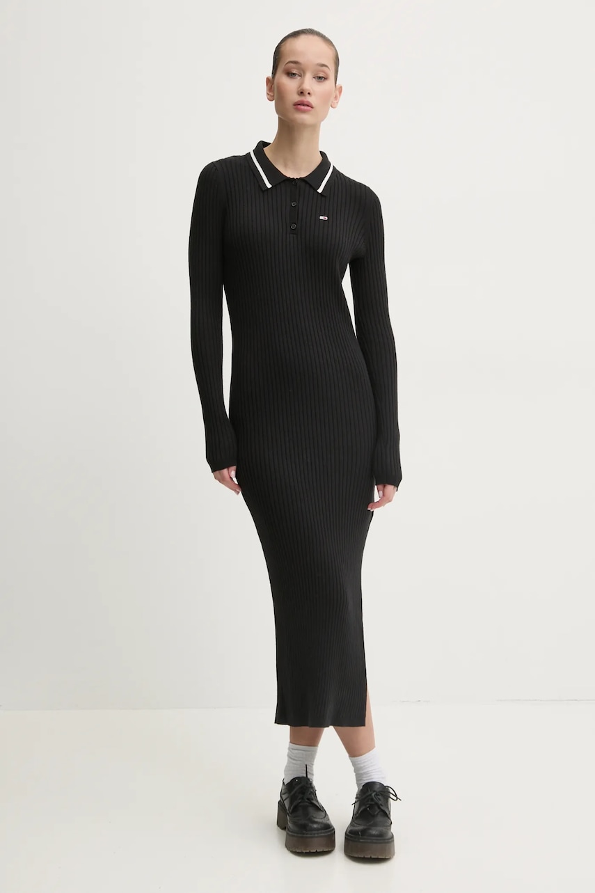 Tommy Jeans rochie din amestec de lână culoarea negru