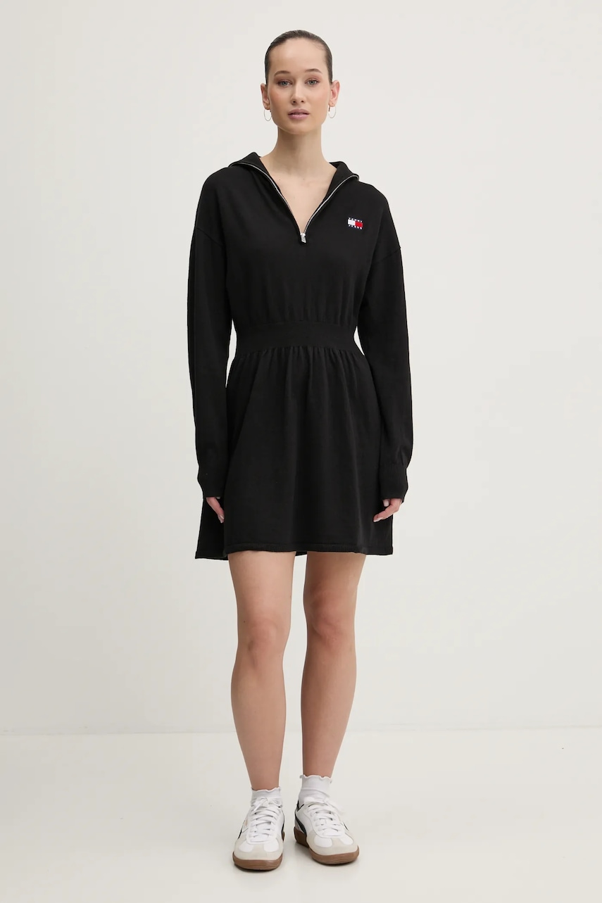 Tommy Jeans rochie din amestec de lână culoarea negru