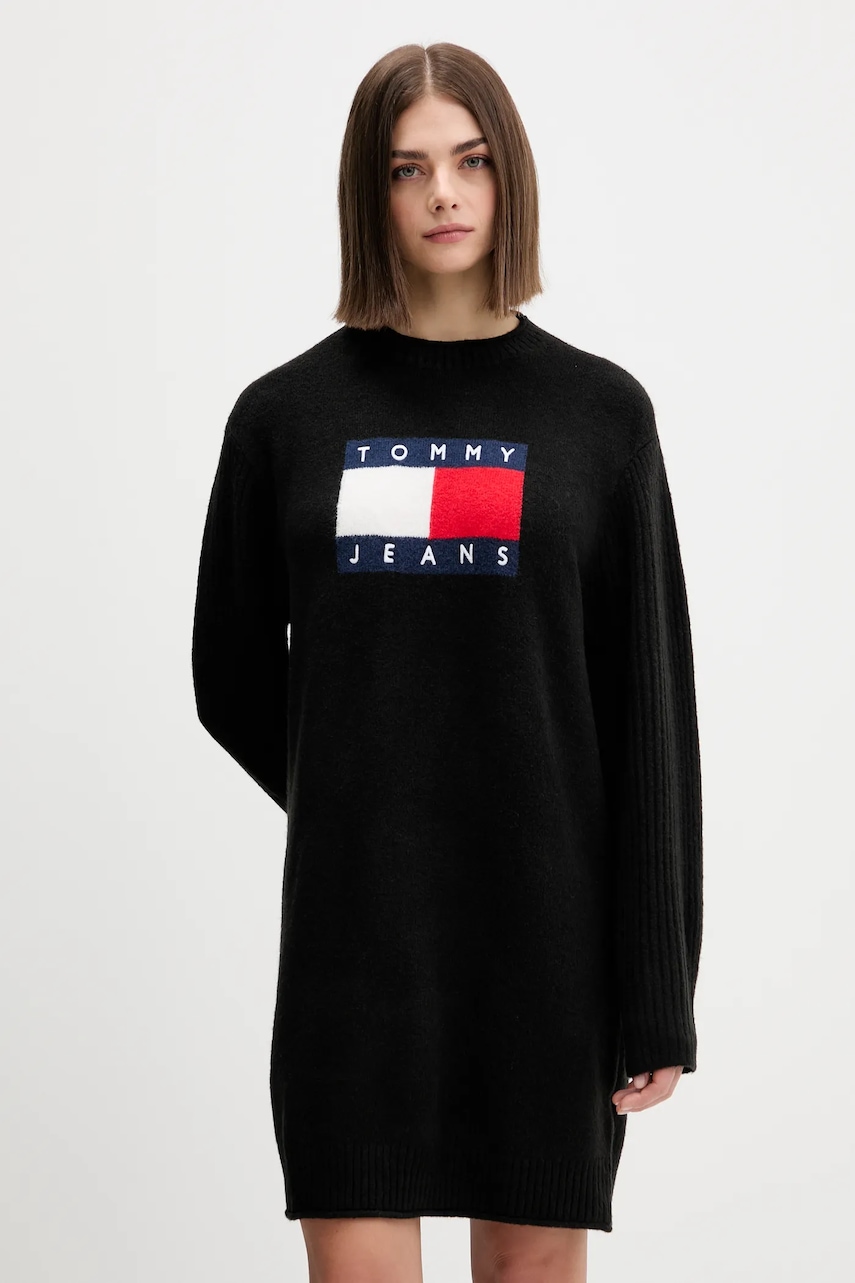 Tommy Jeans rochie din amestec de lână culoarea negru
