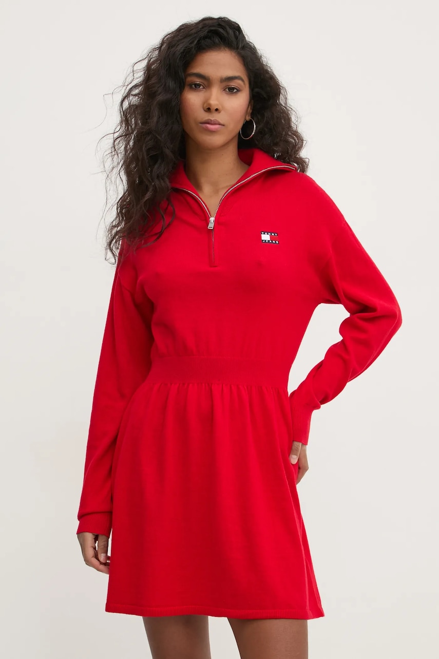 Tommy Jeans rochie din amestec de lână culoarea roșu