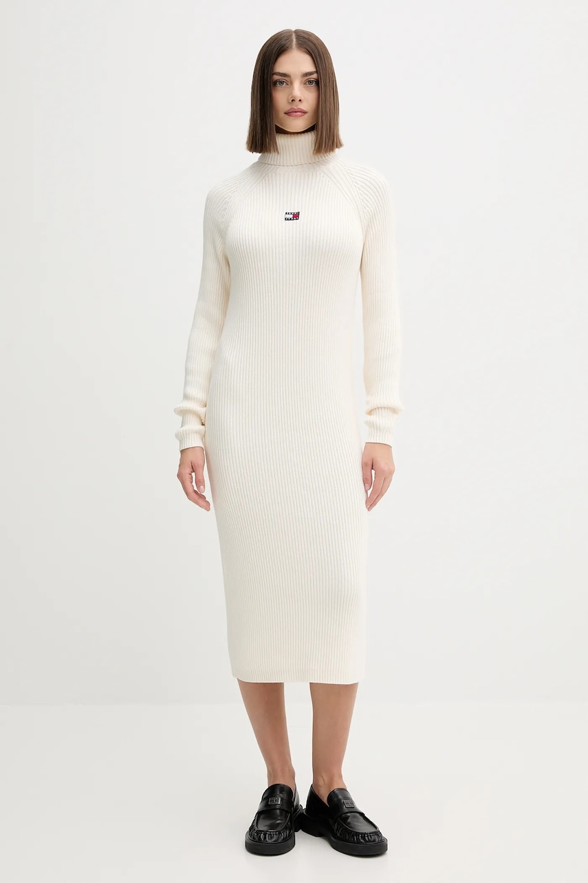 Tommy Jeans rochie din bumbac culoarea bej