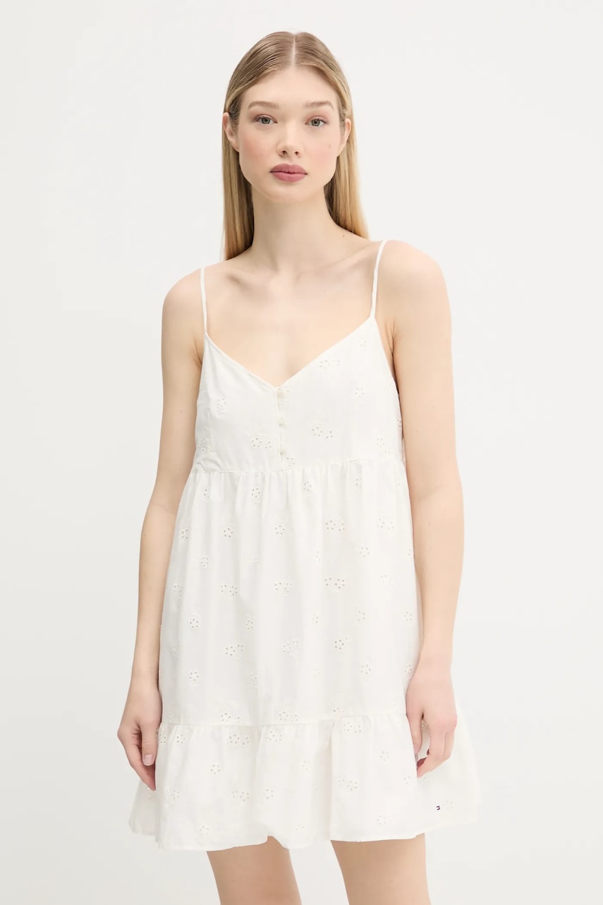 Tommy Jeans rochie din bumbac culoarea bej
