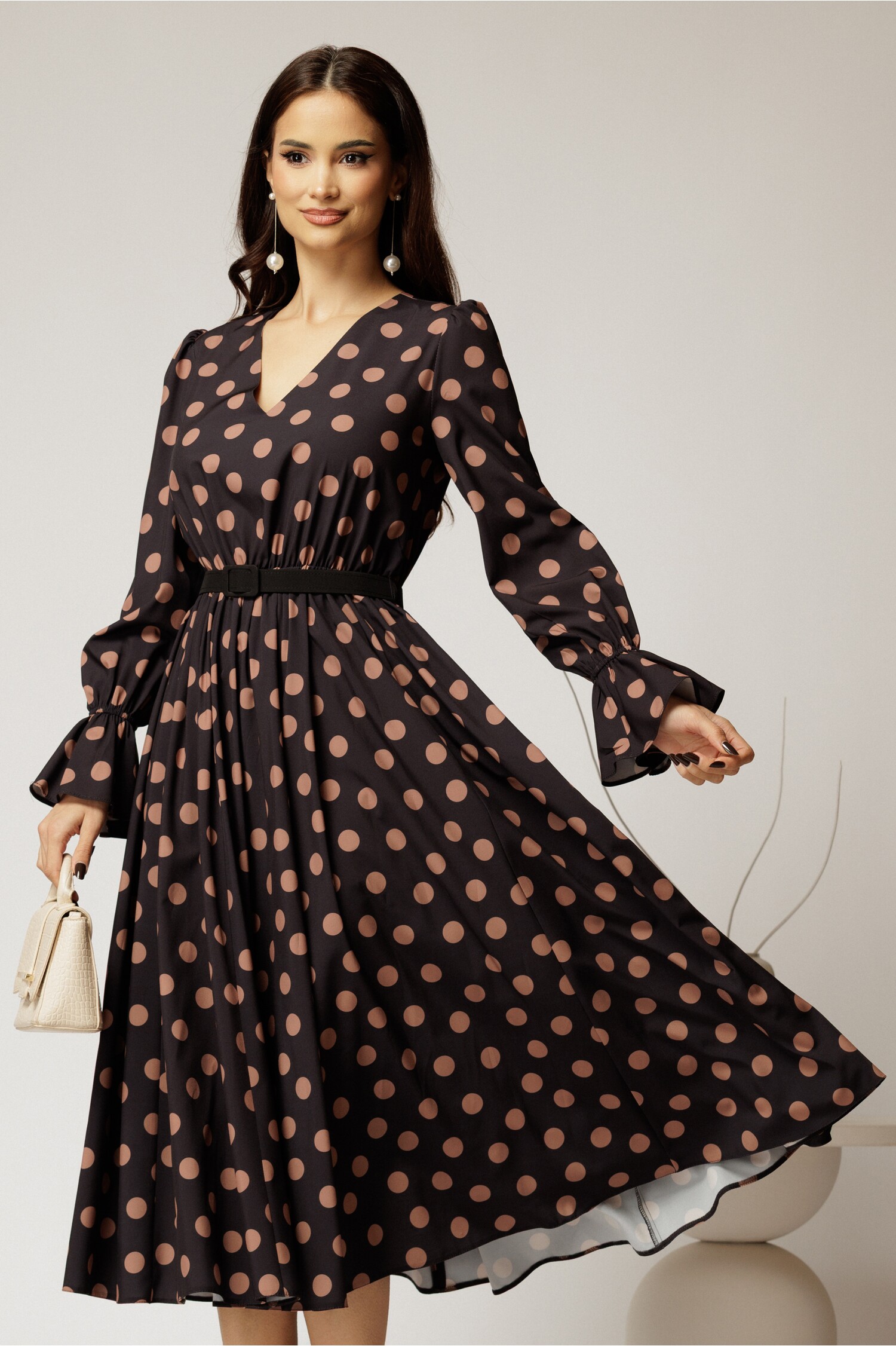 Rochie DY Fashion midi din voal negru cu buline si curea in talie