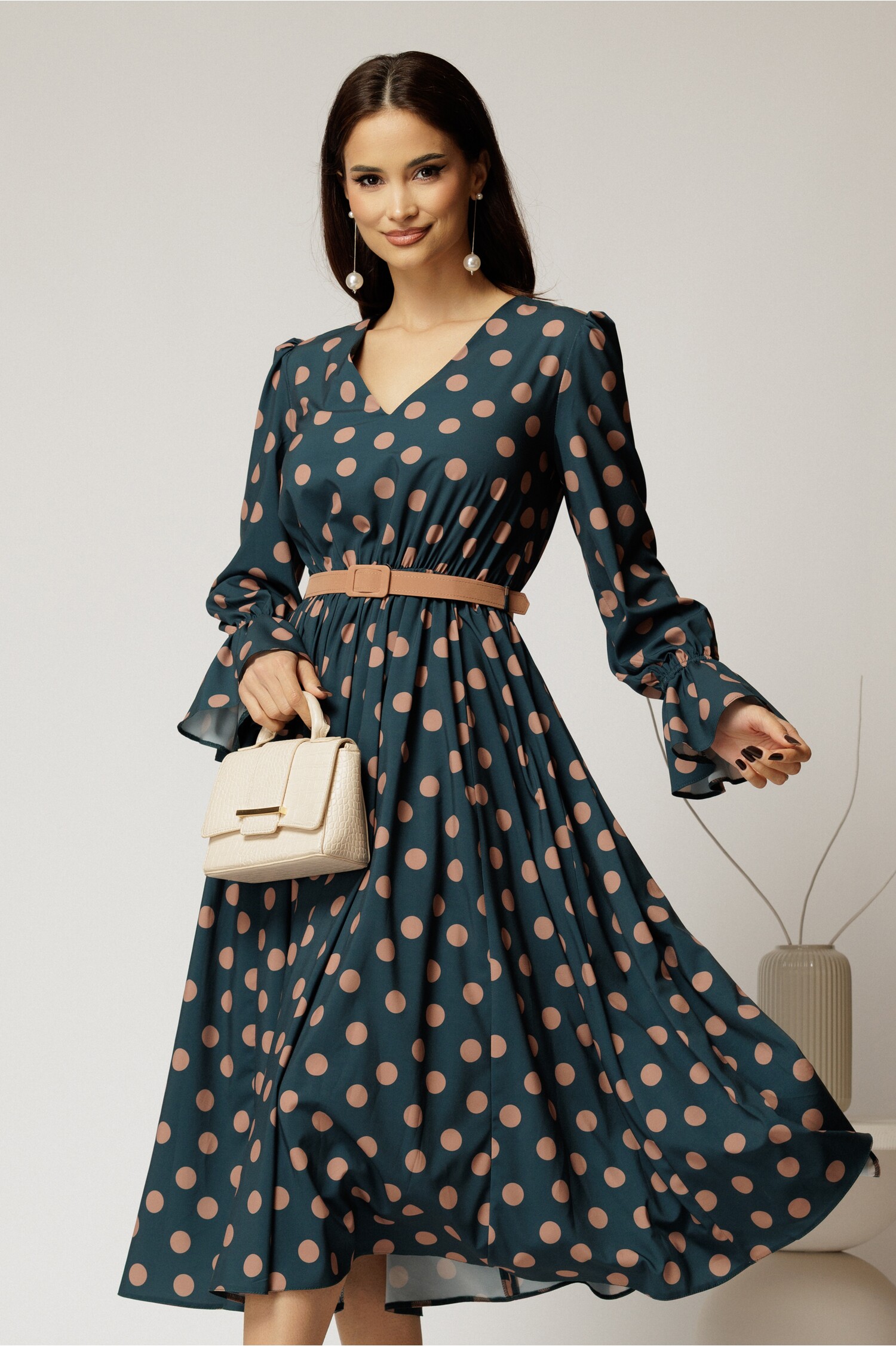 Rochie DY Fashion midi din voal turcoaz cu buline si curea in talie