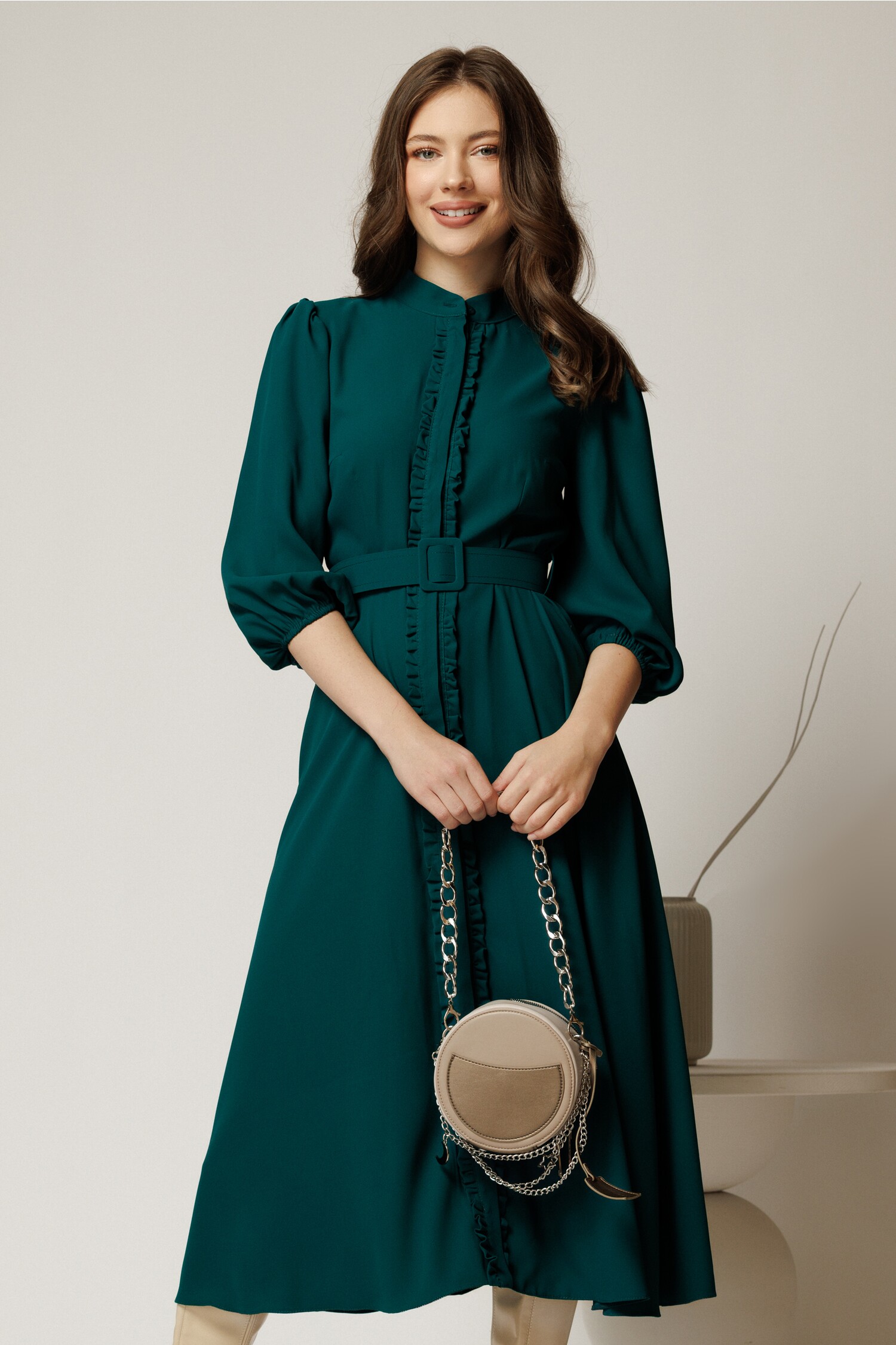 Rochie DY Fashion midi turcoaz cu maneci bufante si curea in talie