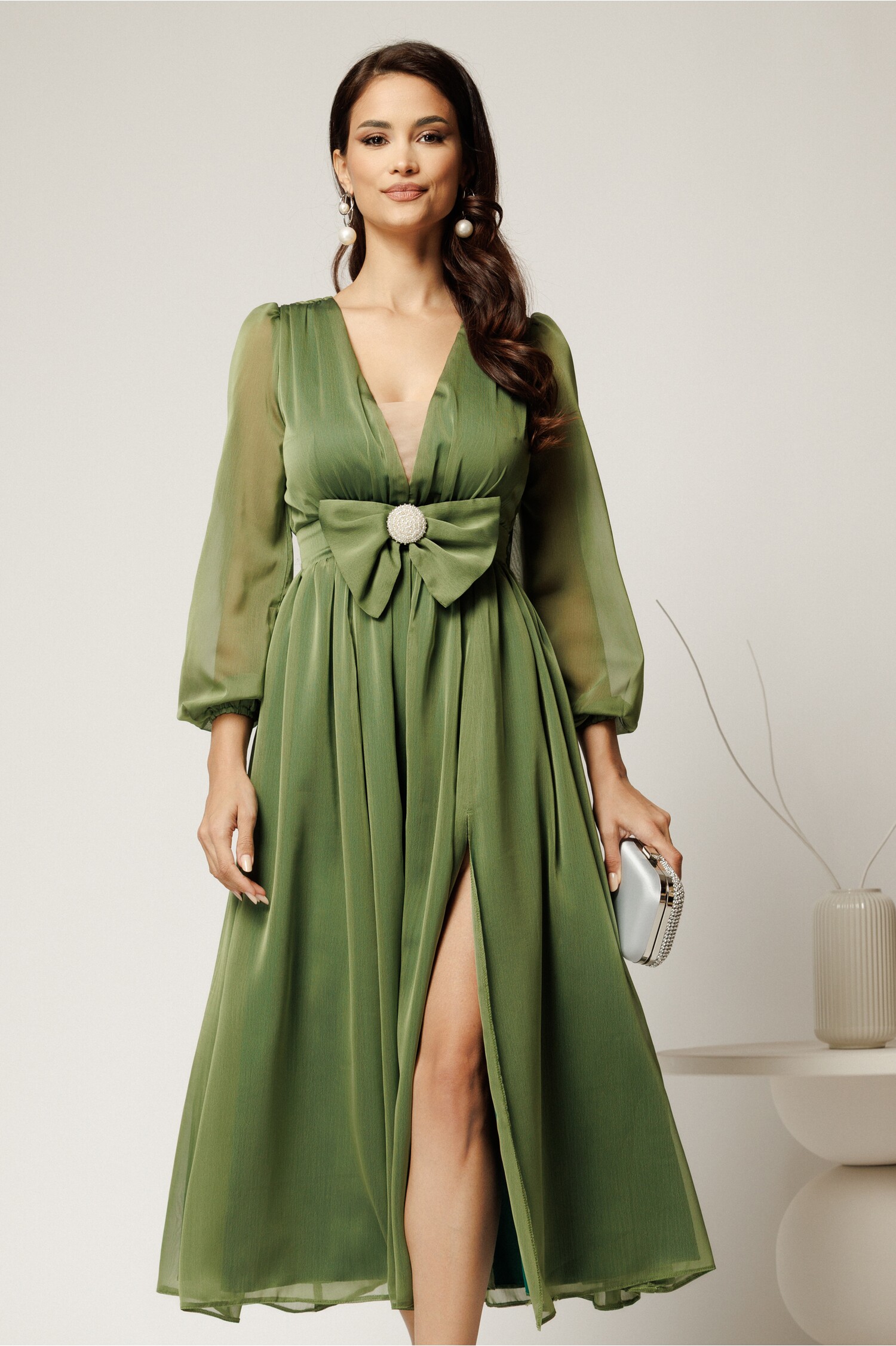 Rochie DY Fashion midi verde fistic din voal in clos cu funda maxi in talie