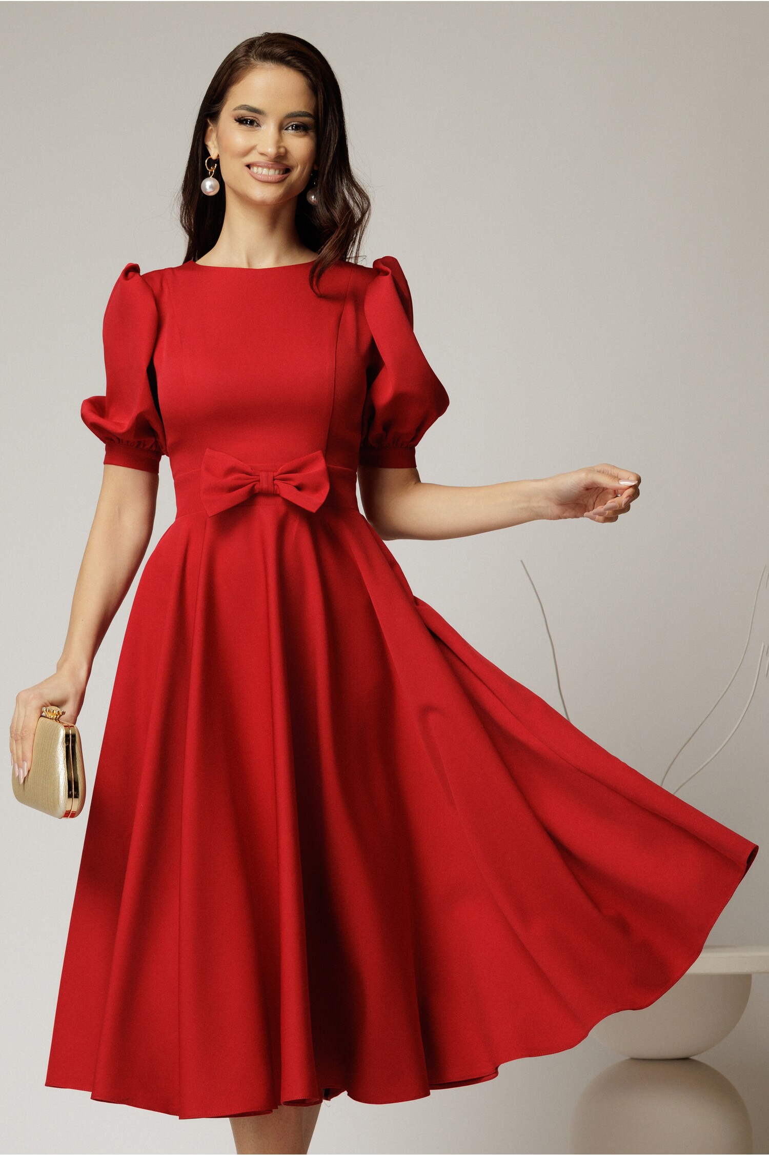 Rochie DY Fashion rosie din stofa in clos cu funda in talie
