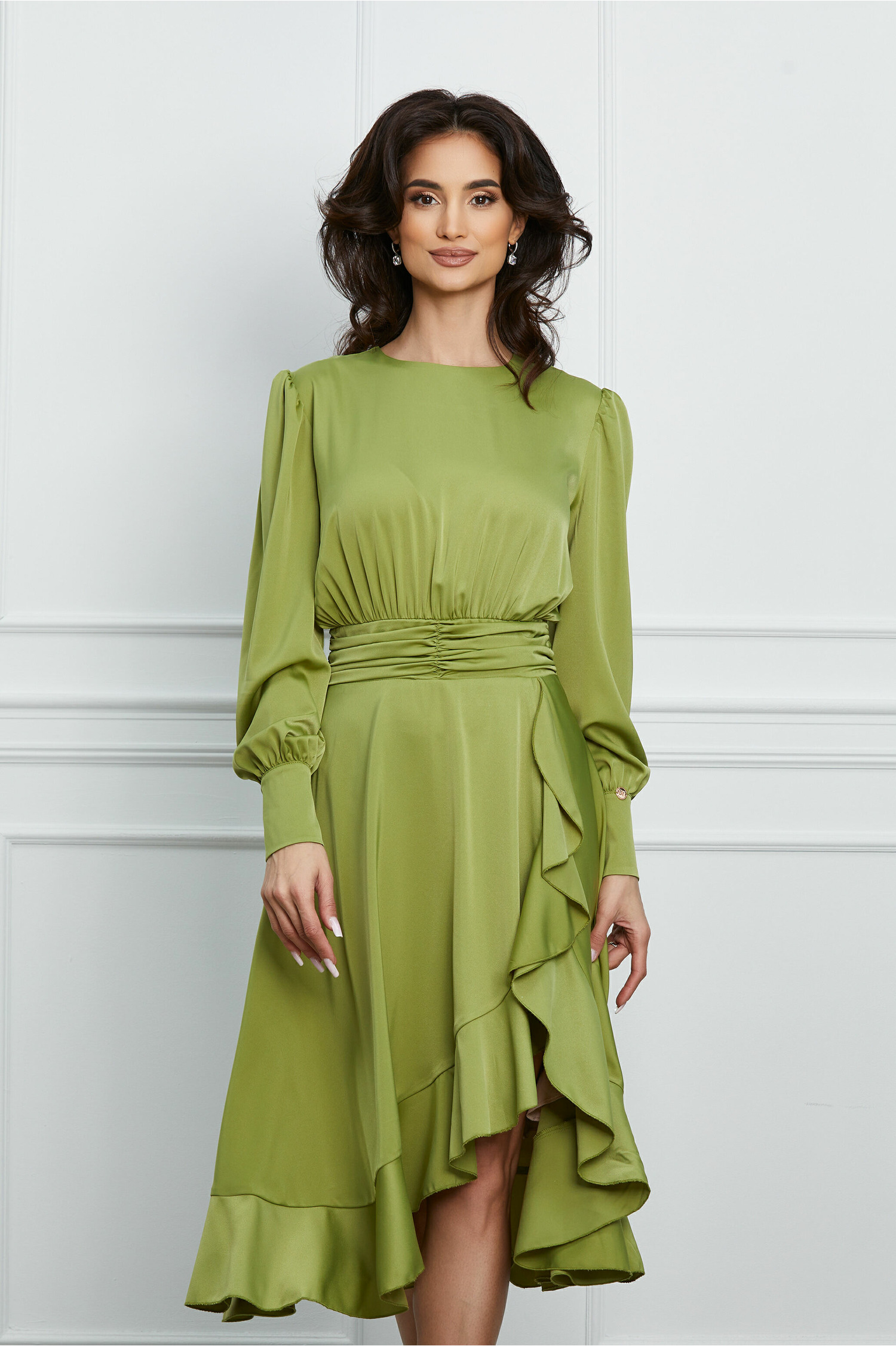 Rochie Dy Fashion olive din satin cu volan pe fusta