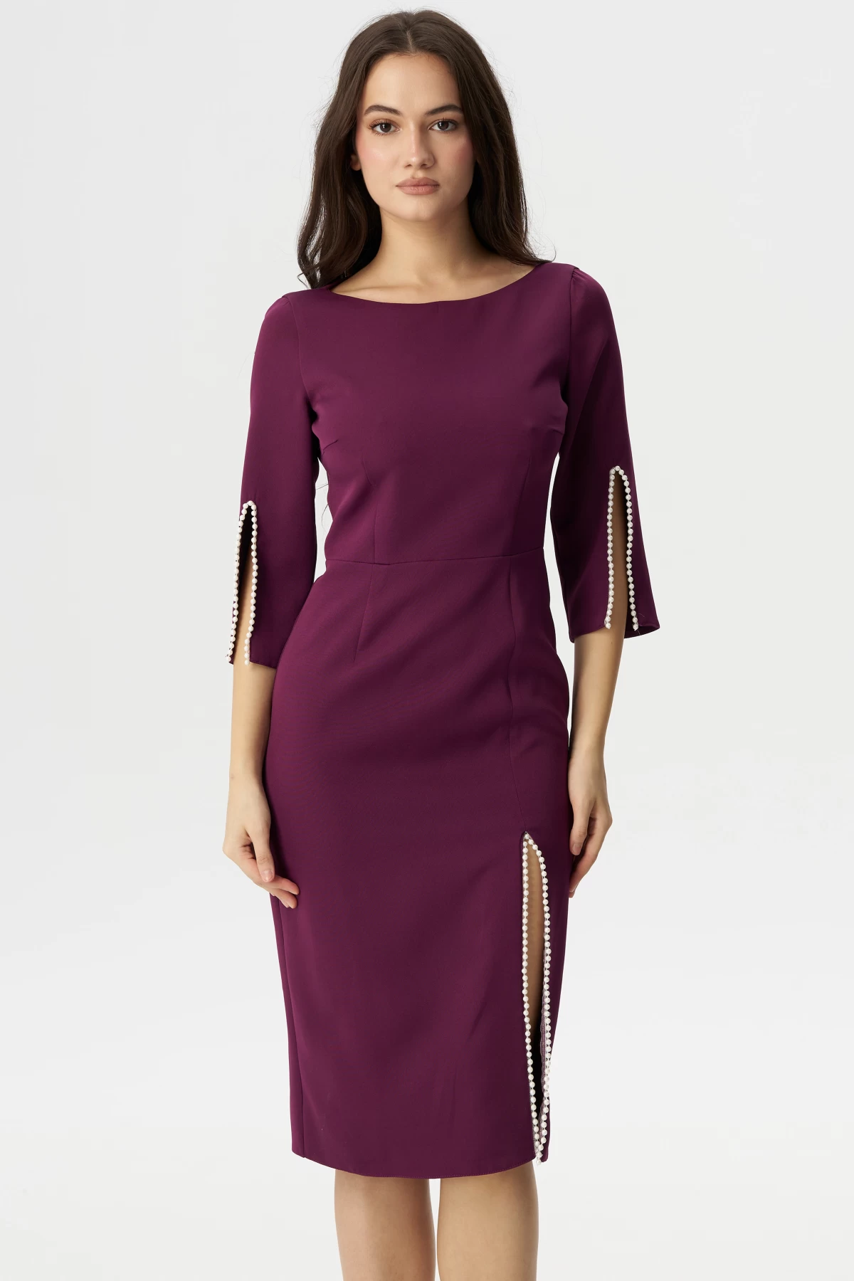 Rochie de ocazie midi Daria mov decorata cu margele