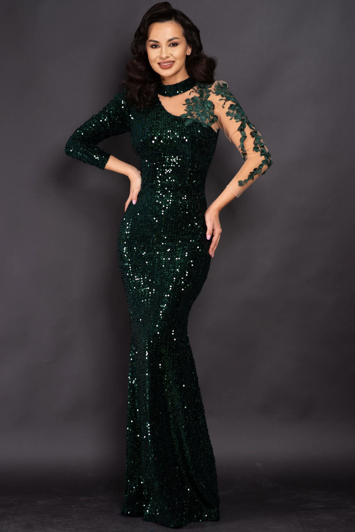 Rochie de seara verde din paiete Agathe cu broderie aplicata