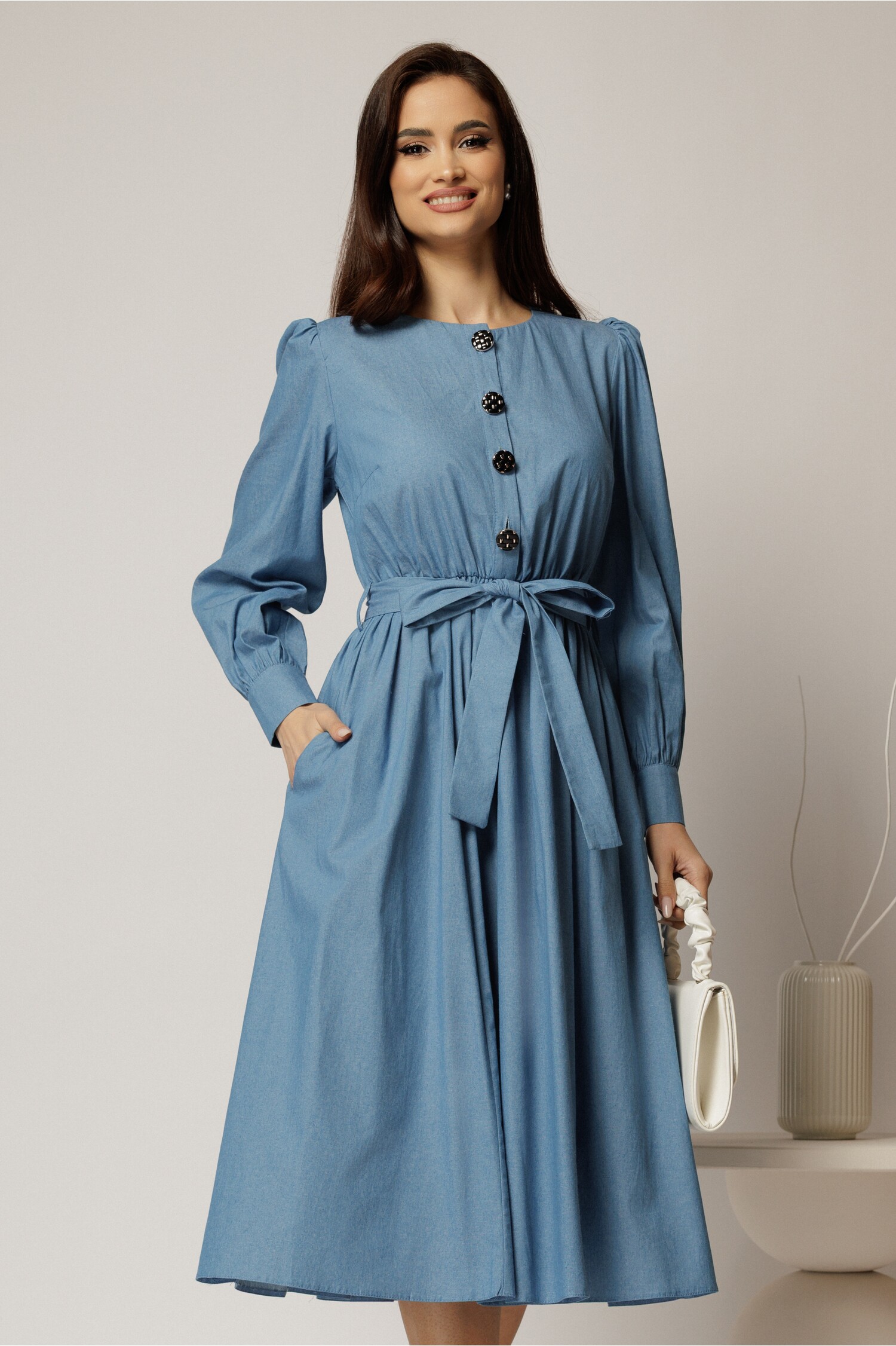 Rochie DY Fashion midi albastra din bumbac cu nasturi pe bust si cordon in talie