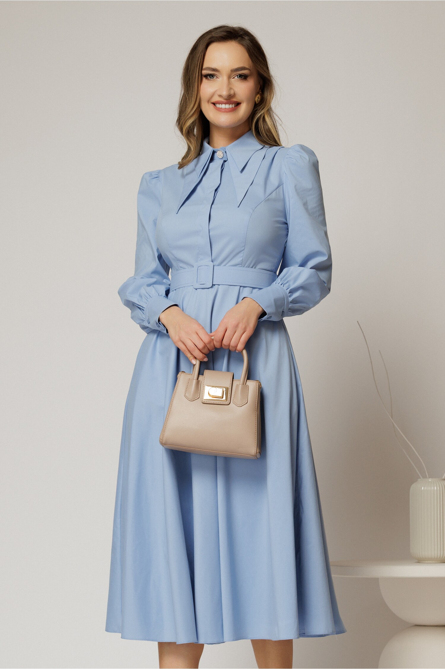Rochie DY Fashion bleu din poplin cu guler dublu si curea in talie