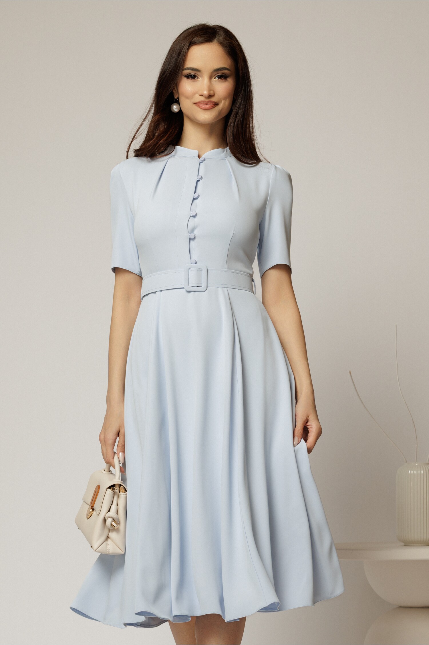 Rochie DY Fashion midi bleu in clos din triplu voal cu nasturi la bust si curea in talie
