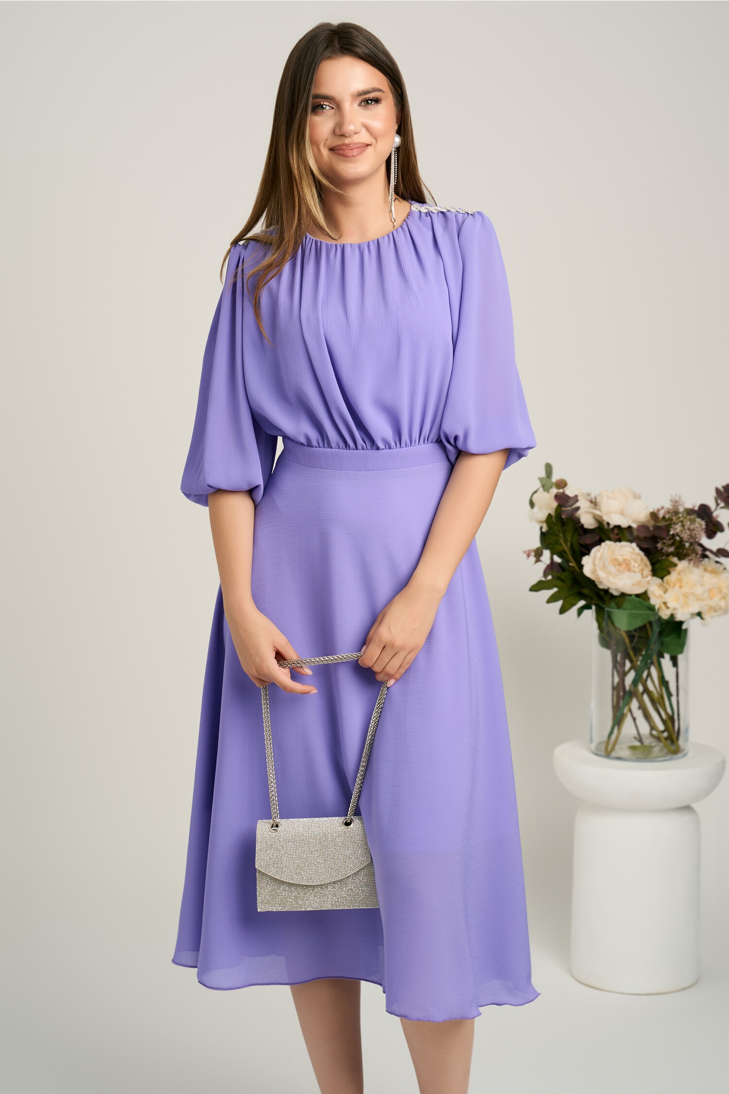 Rochie DY Fashion midi lila in clos din voal cu accesorii pe umeri