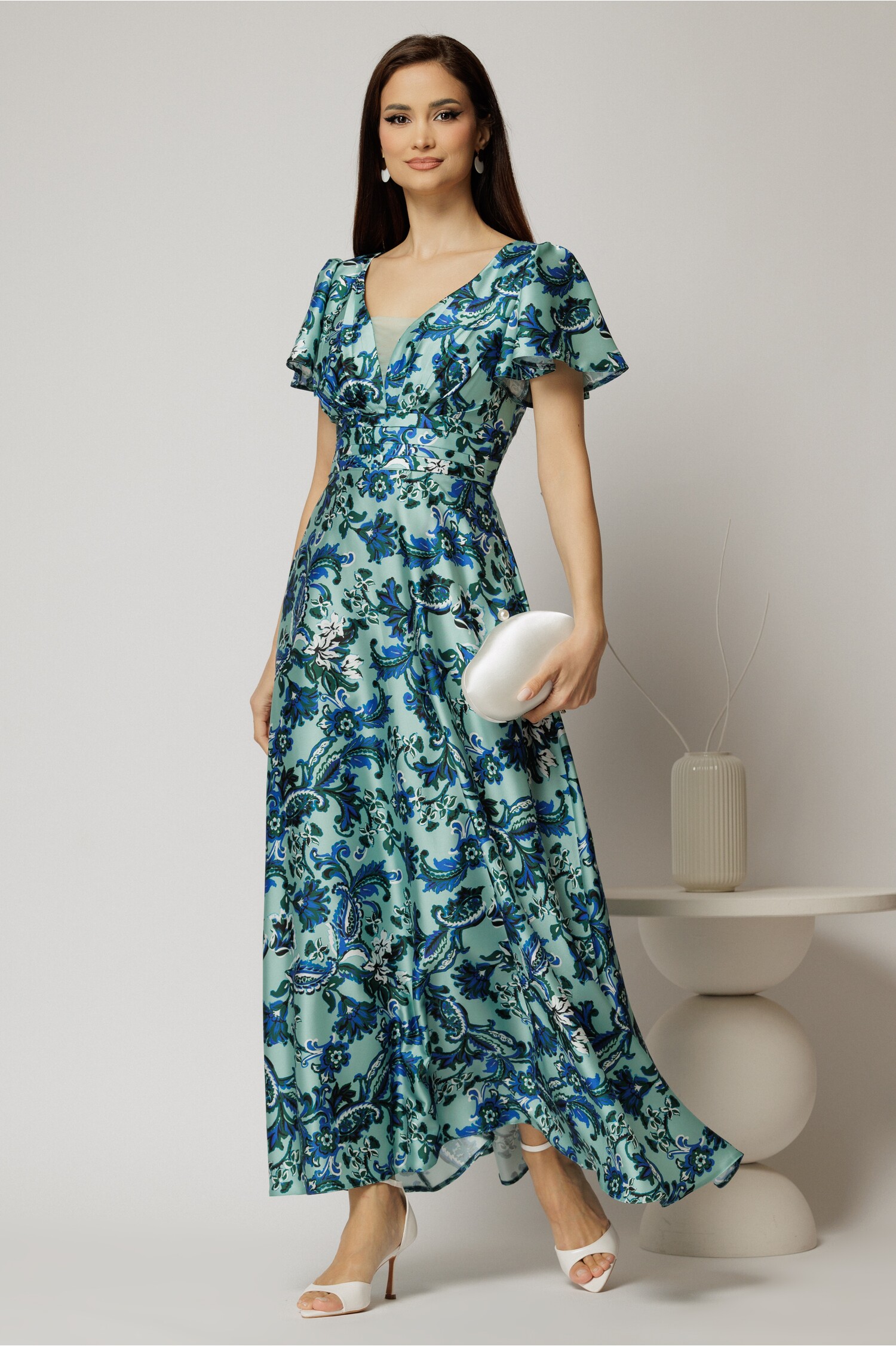 Rochie lunga de ocazie verde mint cu imprimeuri din material satinat