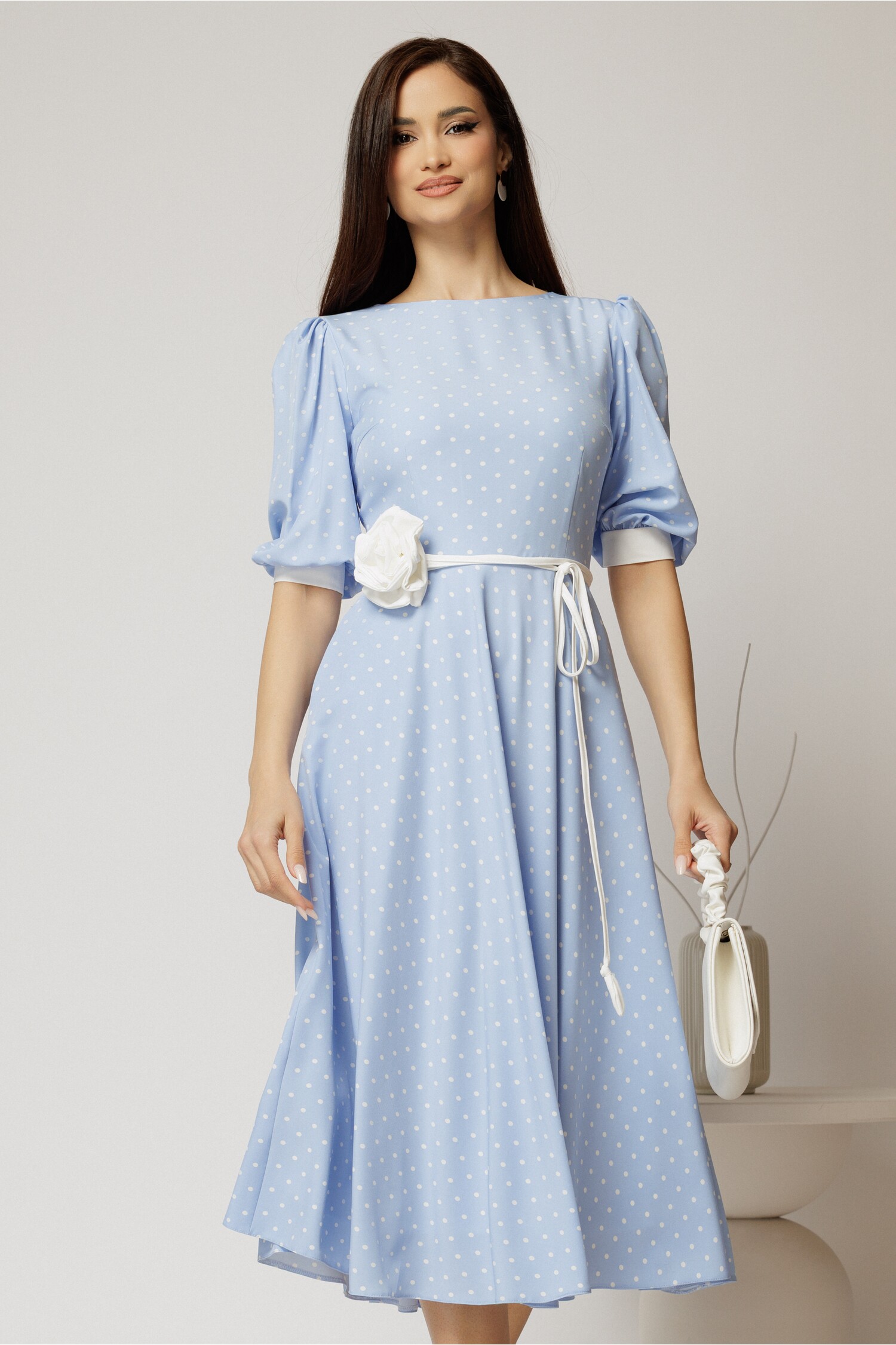 Rochie midi bleu cu buline si cordon detasabil in talie