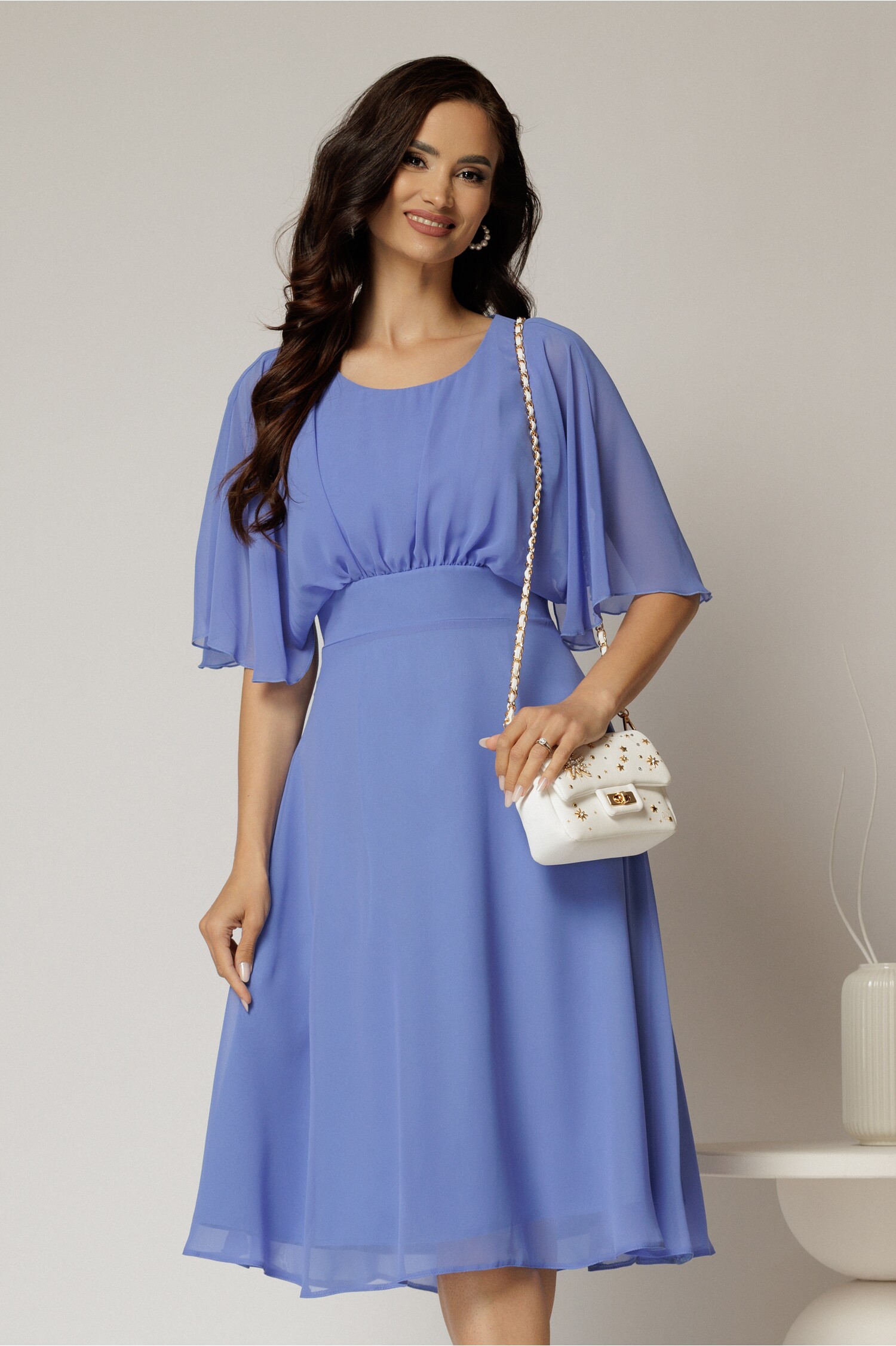 Rochie midi din voal bleu cu maneci scurte lejere