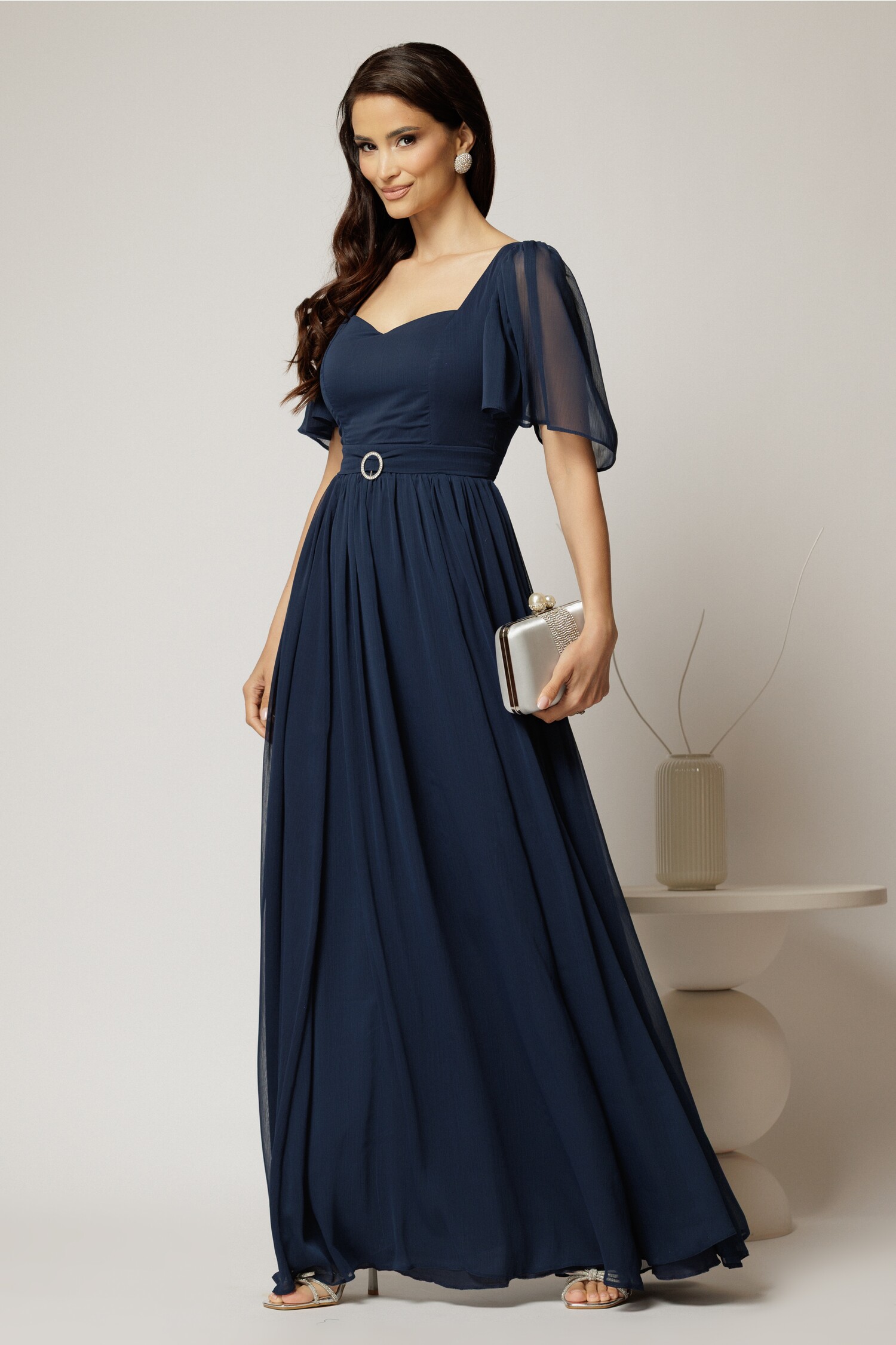 Rochie DY Fashion lunga bleumarin de seara din voal cu decolteu inima