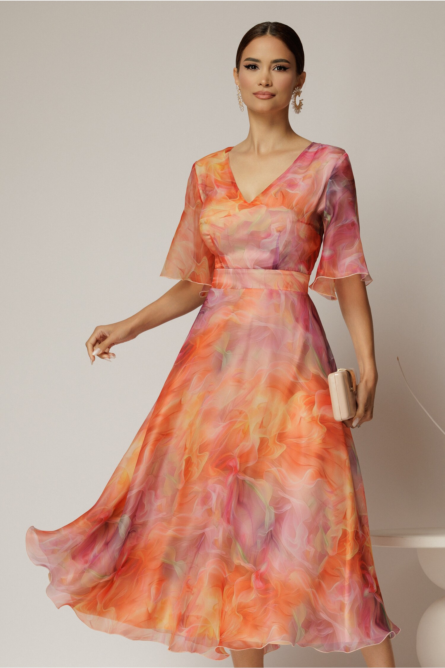 Rochie DY Fashion midi din organza cu imprimeuri corai si oranj