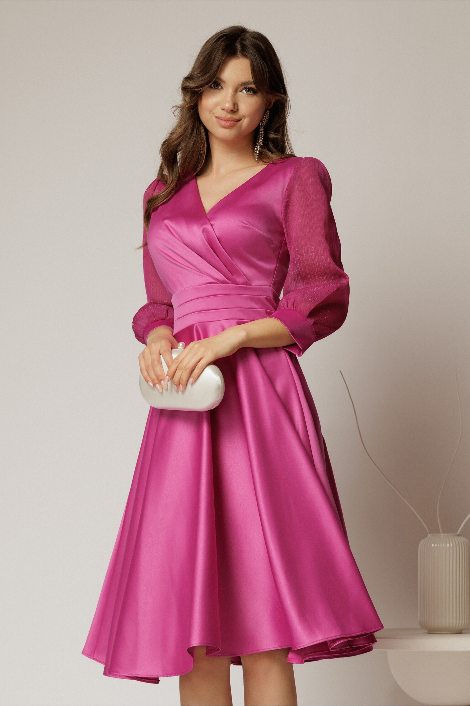 Rochie DY Fashion midi fucsia din tafta cu maneci din voal cu lurex