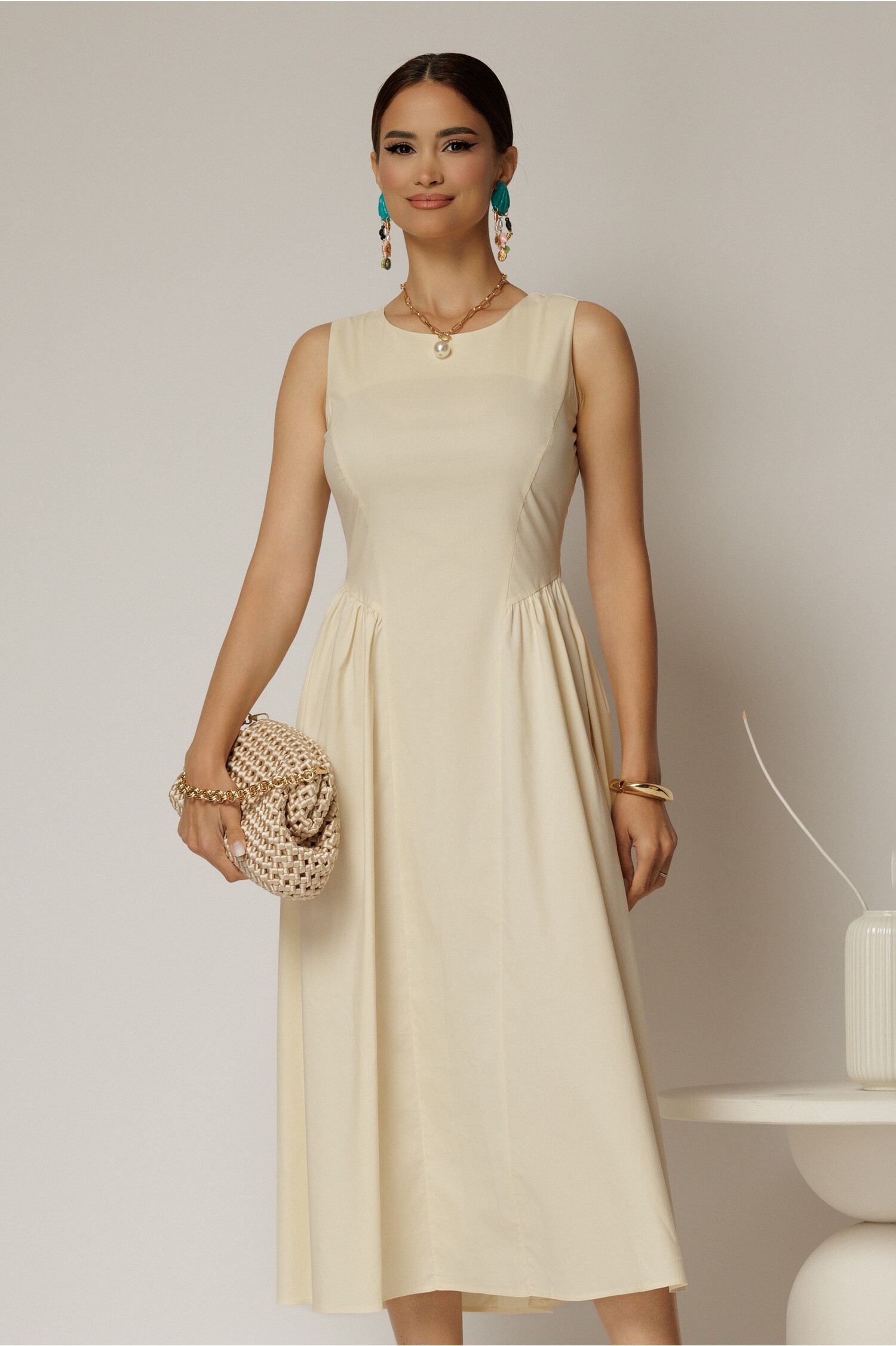 Rochie DY Fashion midi ivoar unt din bumbac cu cret pe solduri