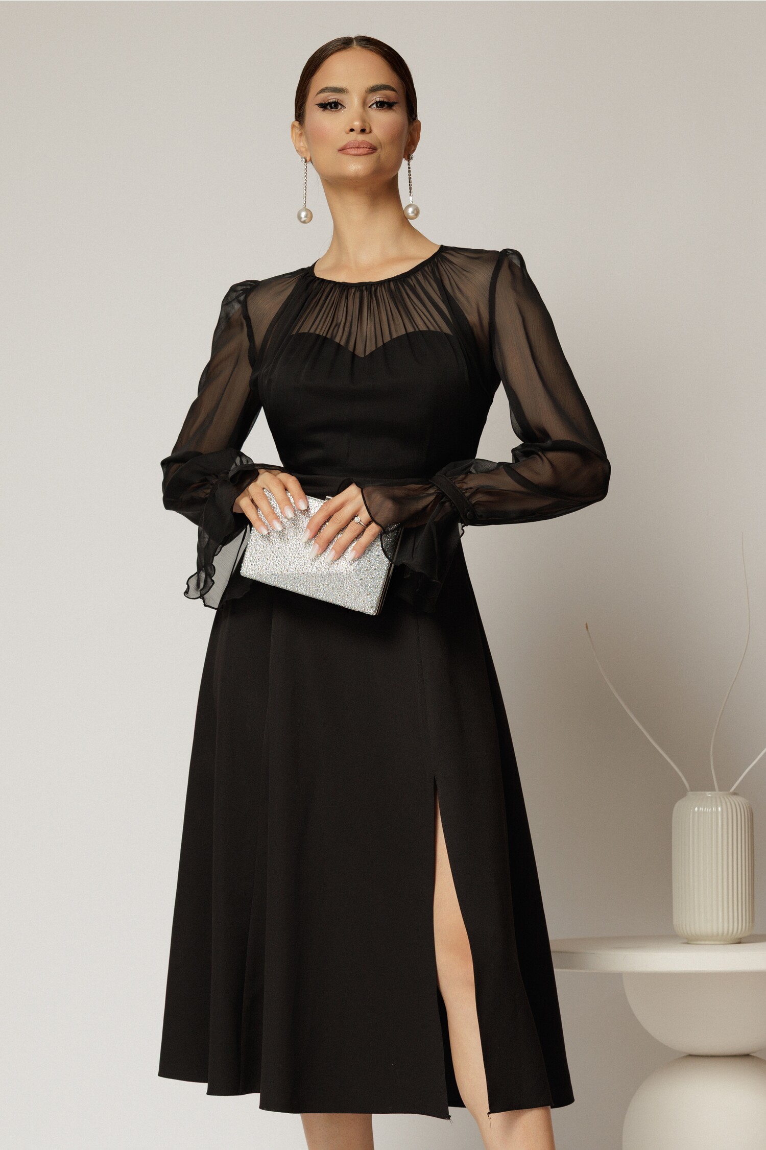 Rochie DY Fashion midi neagra de ocazie cu voal la bust