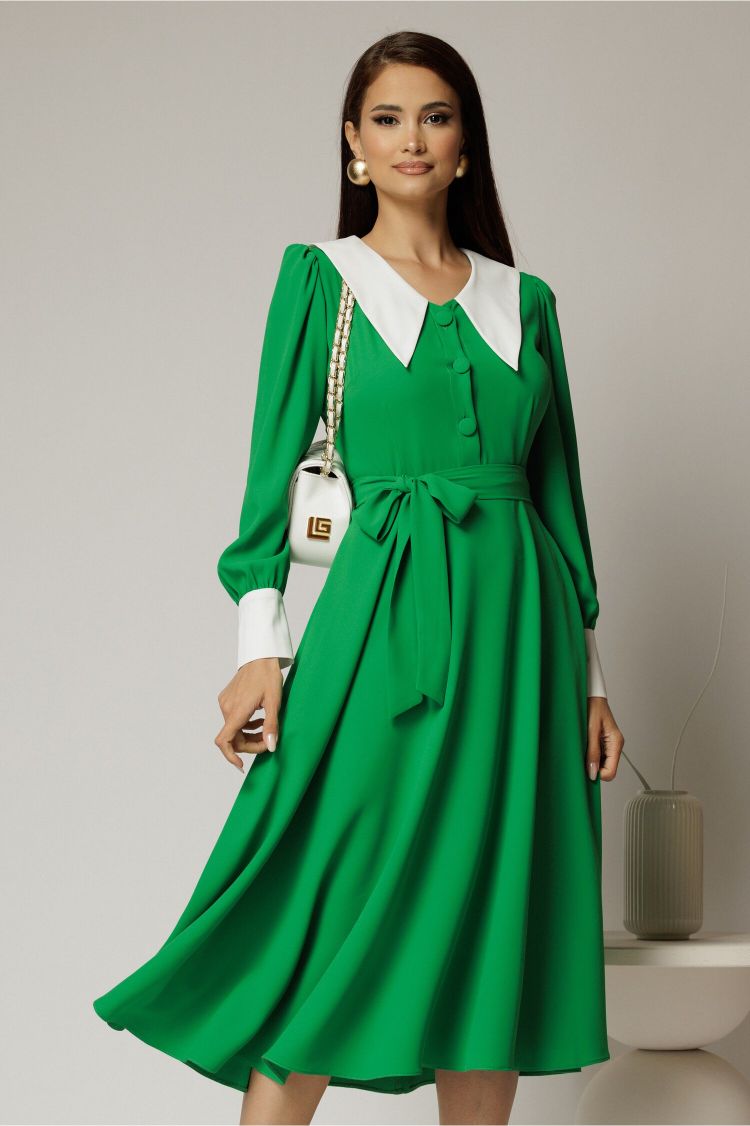 Rochie DY Fashion midi verde cu guler si mansete in contrast