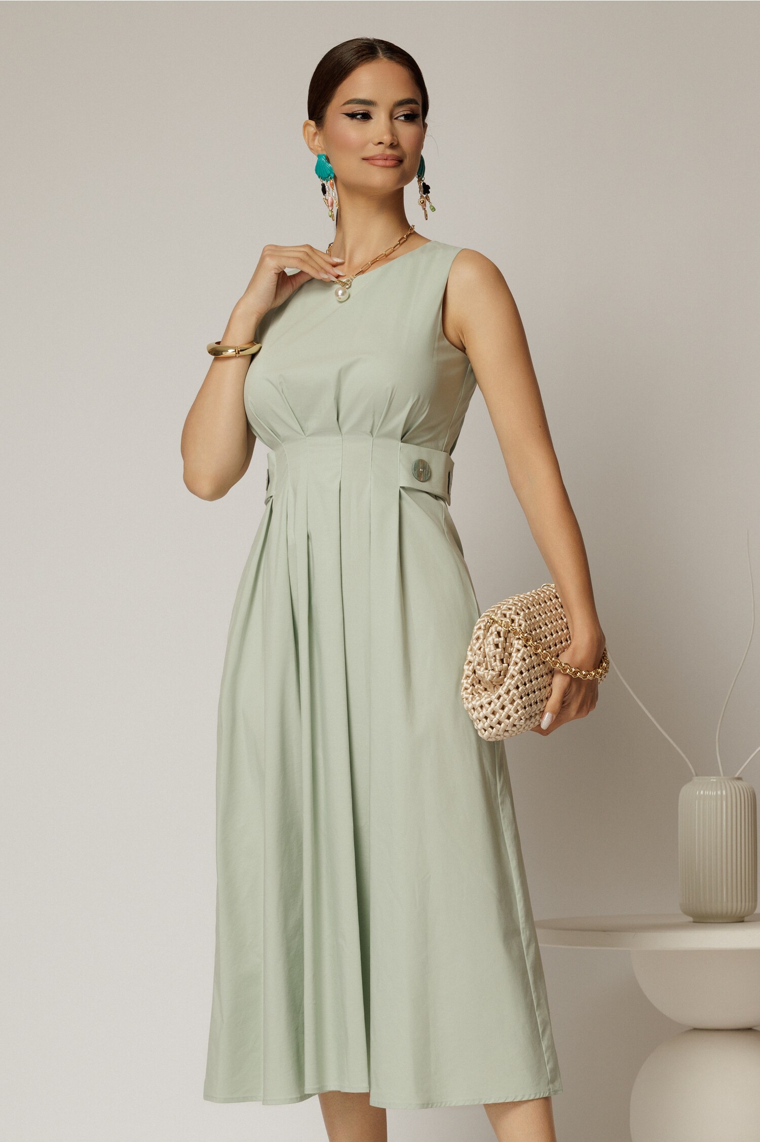 Rochie DY Fashion midi verde fistic din bumbac cu nasturi si cusaturi pe talie