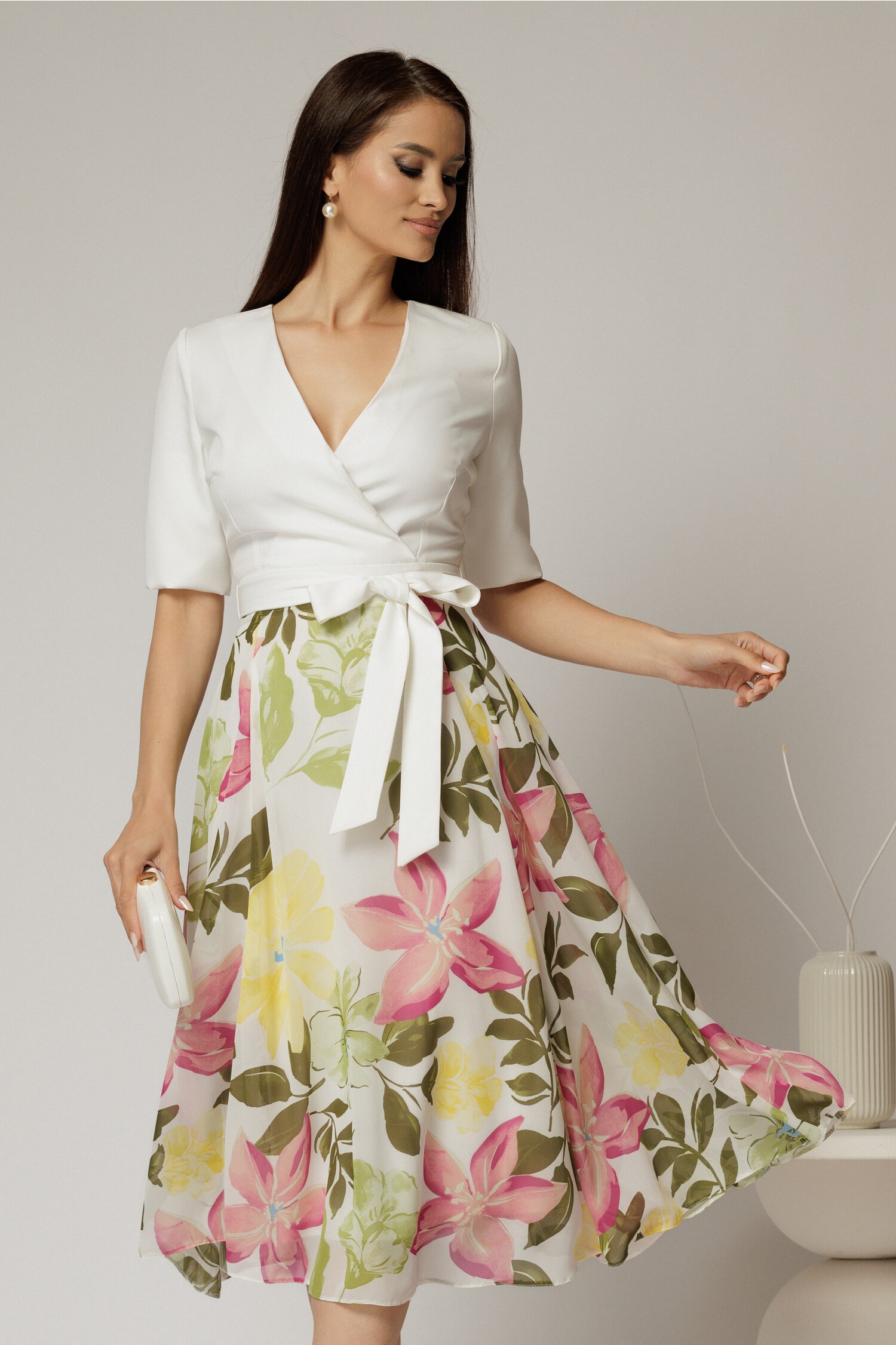 Rochie DY Fashion office din stofa si voal ivoar cu imprimeu pe fusta