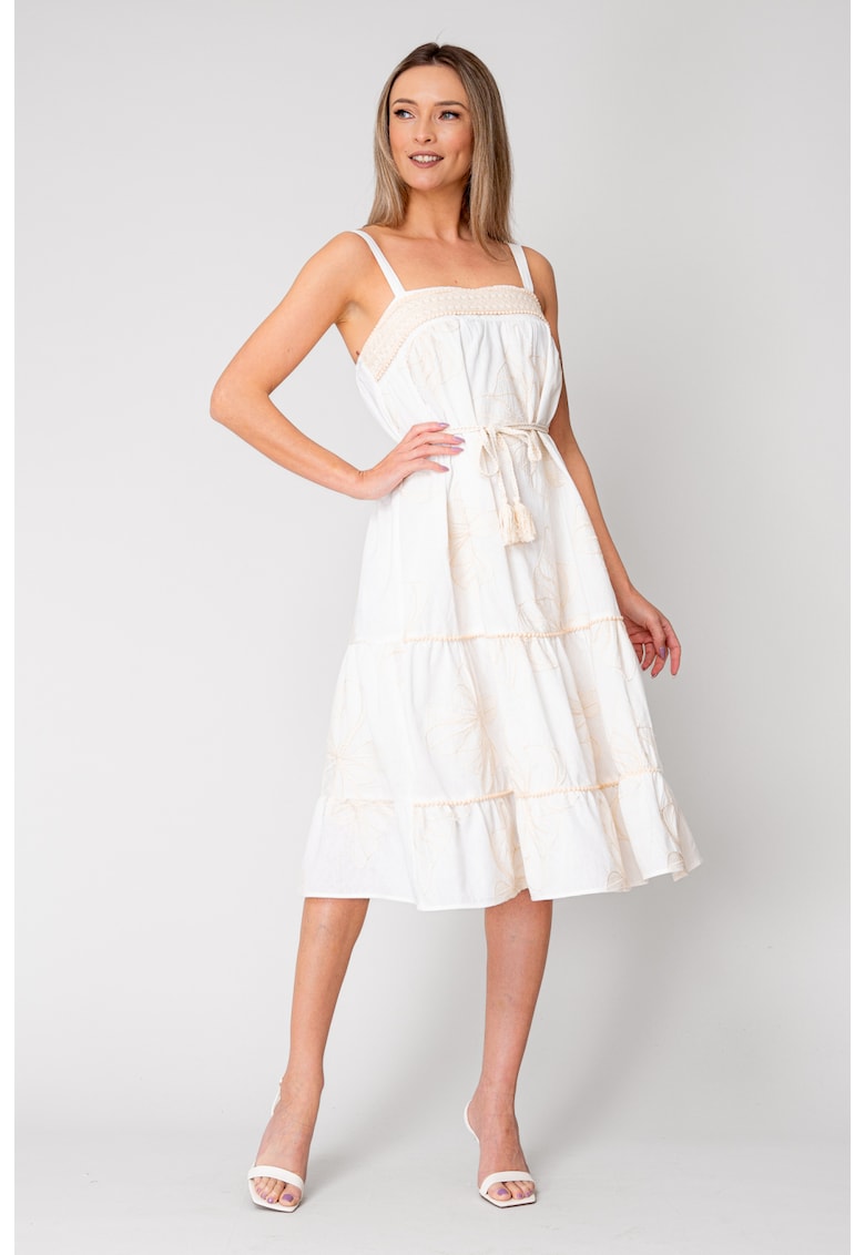 Rochie Lunga cu bretele si broderie Off White/Cream 16513 - Alb/Bej