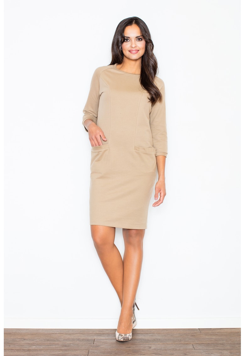 Rochie M205 - bumbac - bej - maneca lunga - cu buzunare -