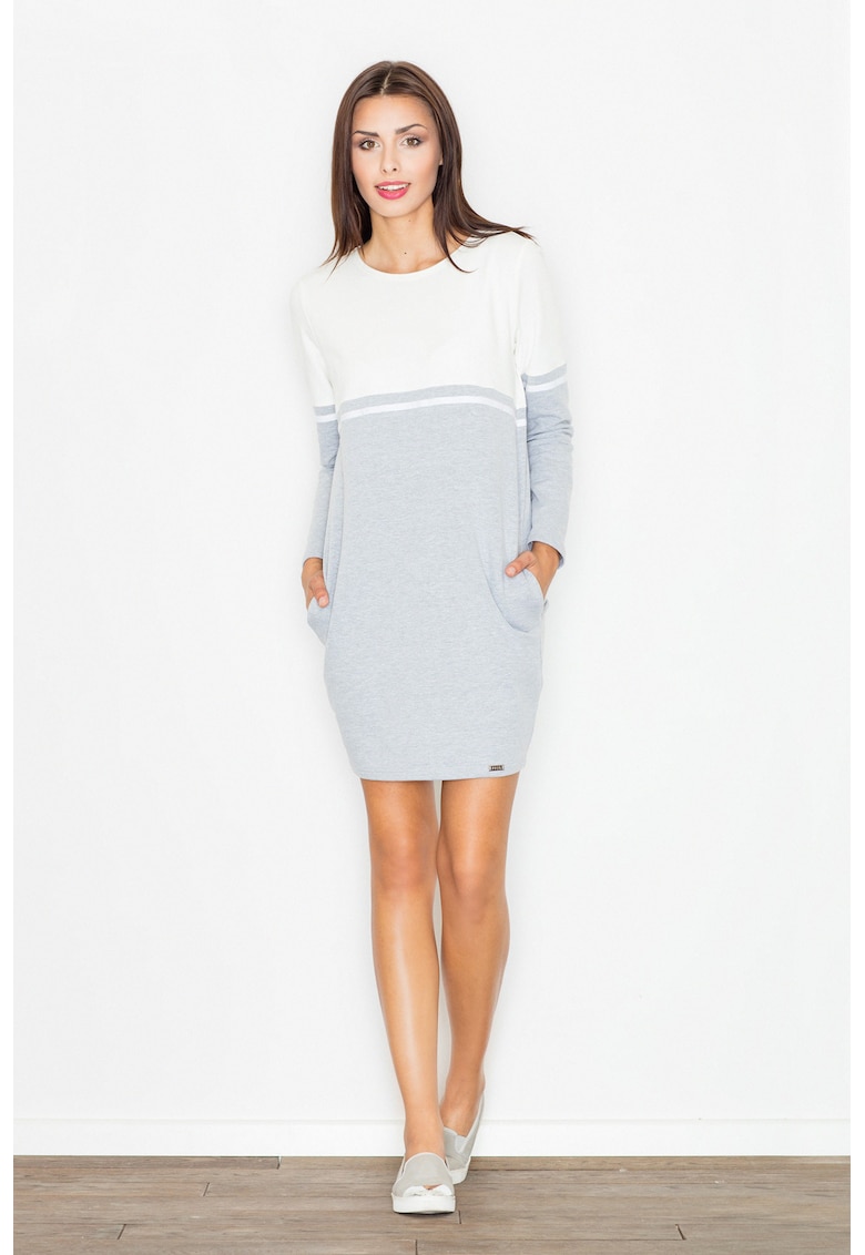 Rochie M510 - gri cu ecru - bumbac - cu buzunare - maneci lungi