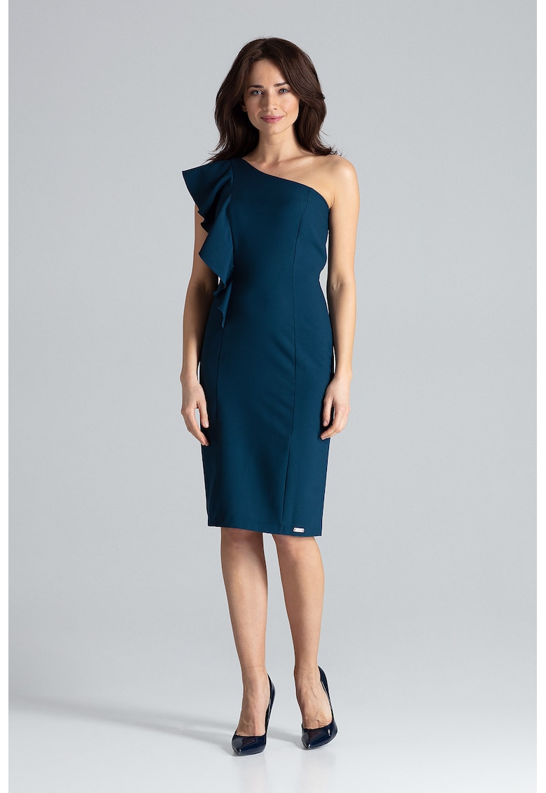 Rochie asimetrica K488 - cu volane - albastru - poliester 100% -
