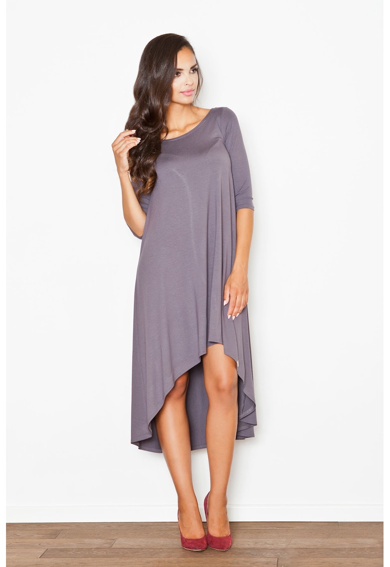 Rochie asimetrica gri - cu maneci lungi - din viscoza