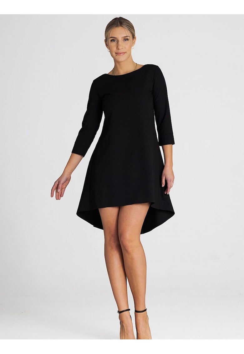 Rochie asimetrica - plisata - maneci 3/4 - spate prelungit - poliester-viscoza negru