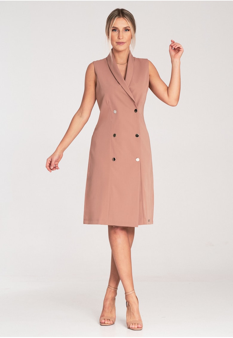 Rochie blazer midi bej - poliester-viscoza - croiala ajustata - fara maneci - cu nasturi