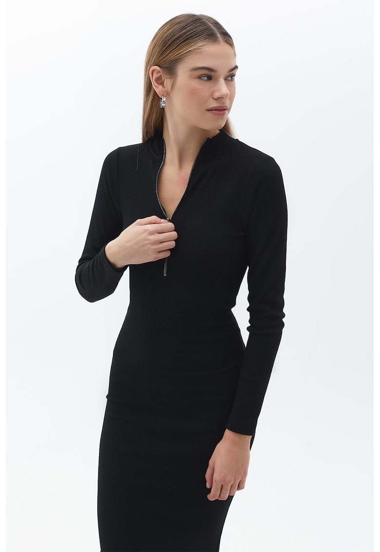 Rochie bodycon midi cu fenta cu fermoar - Negru