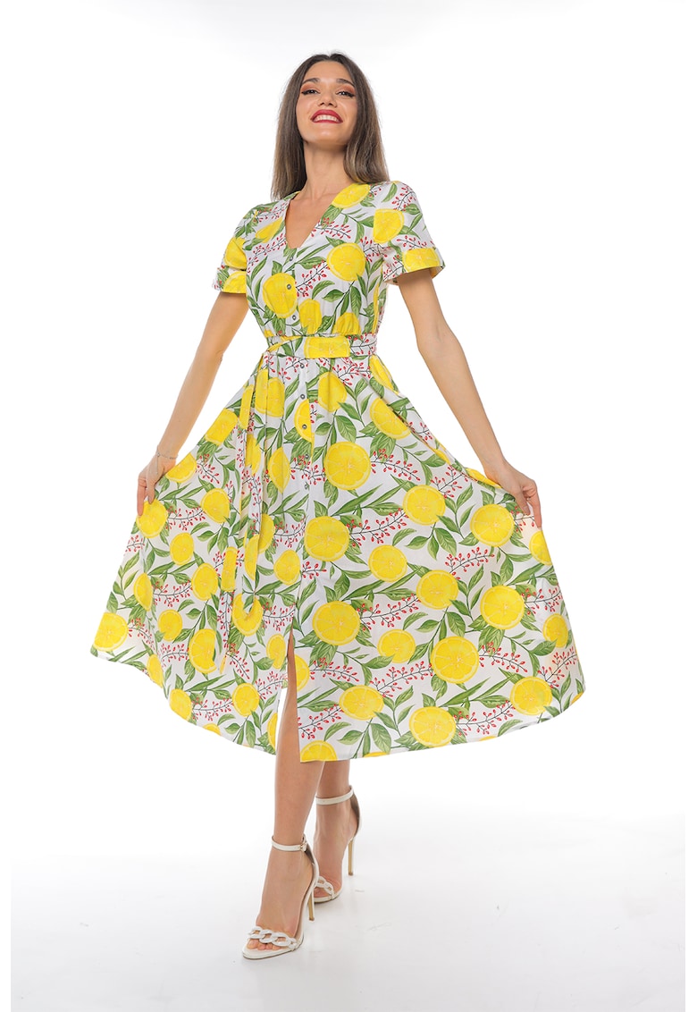 Rochie-camasa cu cordon in talie - Galben/Verde menta