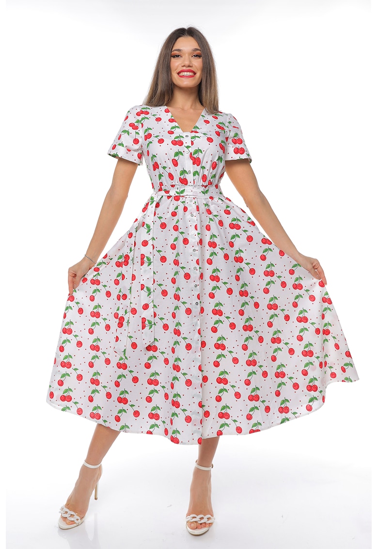 Rochie-camasa cu cordon in talie - Rosu/Alb/Verde