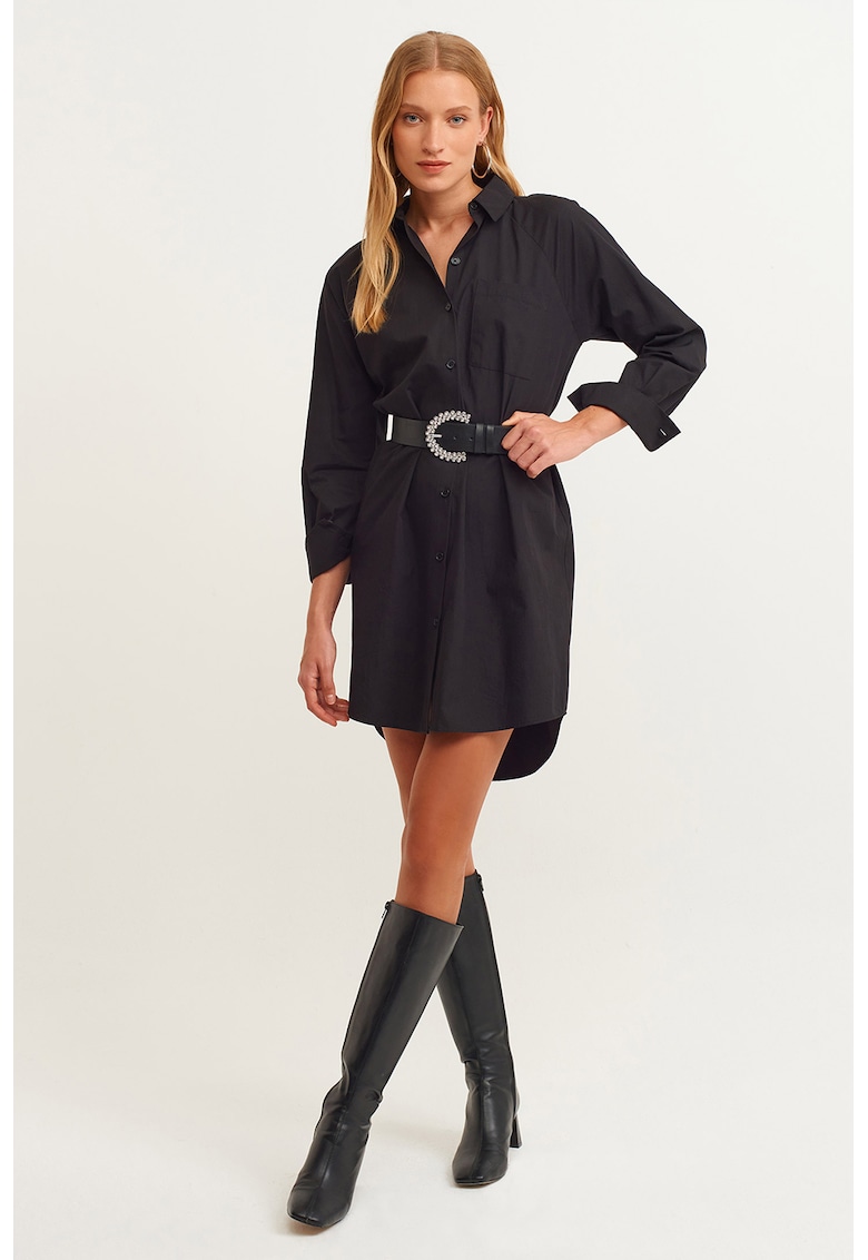 Rochie-camasa de bumbac cu terminatie asimetrica - Negru