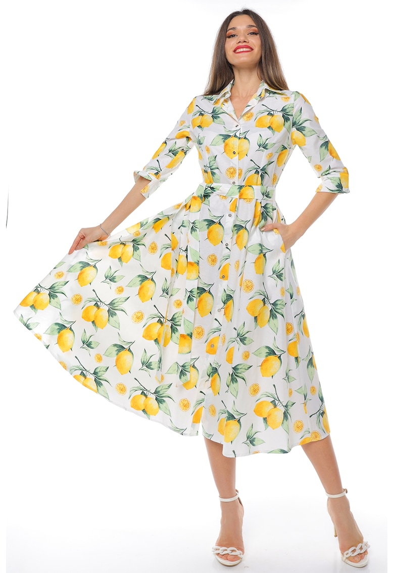 Rochie-camasa evazata cu cordon in talie - Alb/Galben