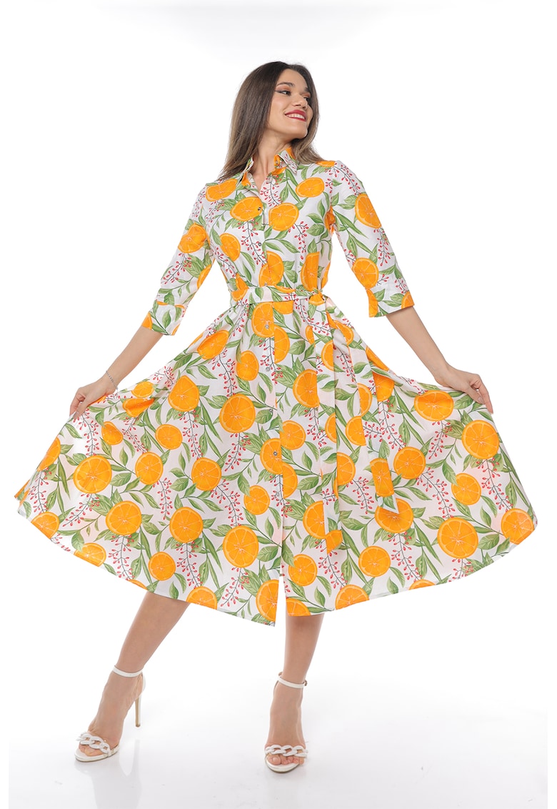 Rochie-camasa evazata cu cordon in talie - Alb/Verde/Portocaliu