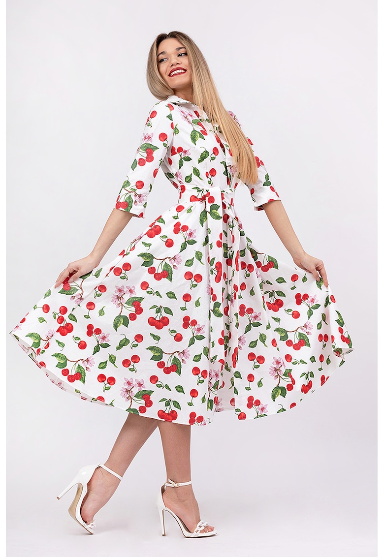 Rochie-camasa evazata cu cordon in talie - Rosu/Alb/Verde
