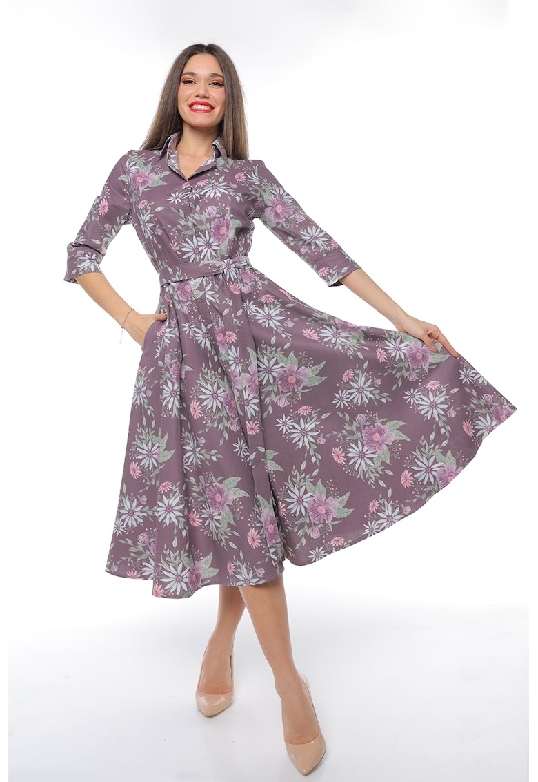 Rochie-camasa evazata cu cordon in talie - Verde/Violet