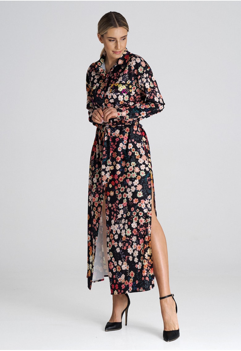 Rochie camasa maxi guler floral - multicolor - poliester