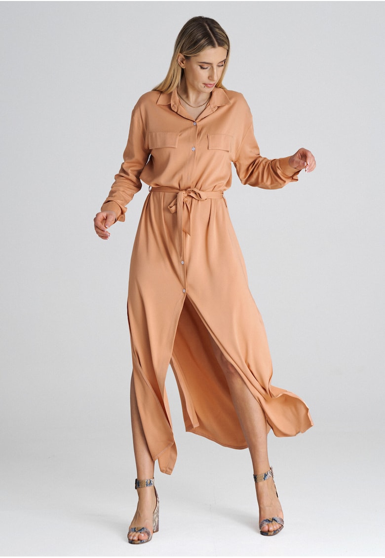Rochie camasa maxi portocalie - croiala lejera - poliester