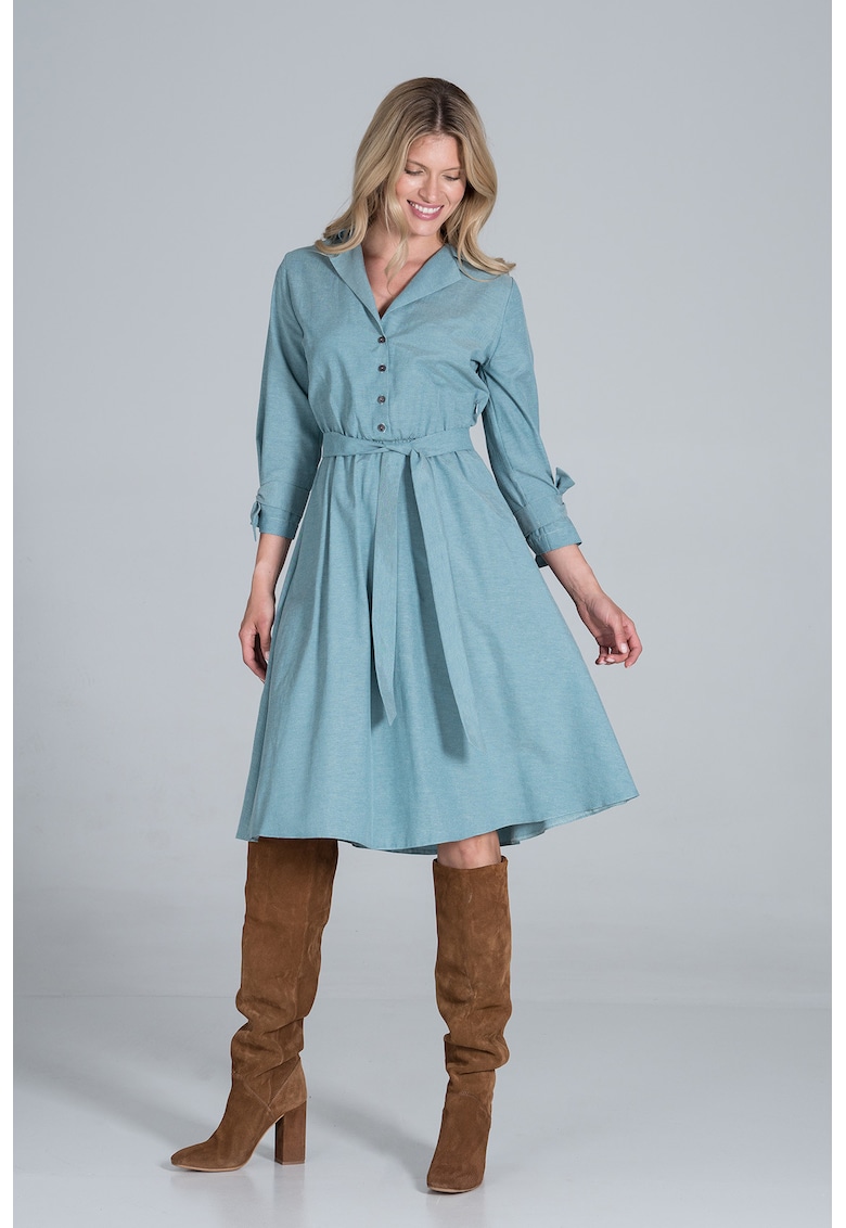 Rochie camasa midi cu centura verde - bumbac 100%