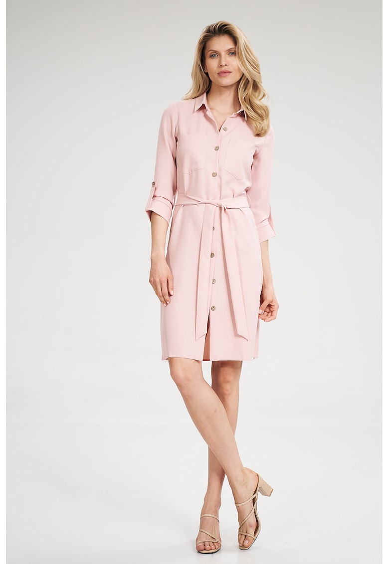 Rochie camasa - roz - cu centura si buzunare - maneci 3/4 - poliester