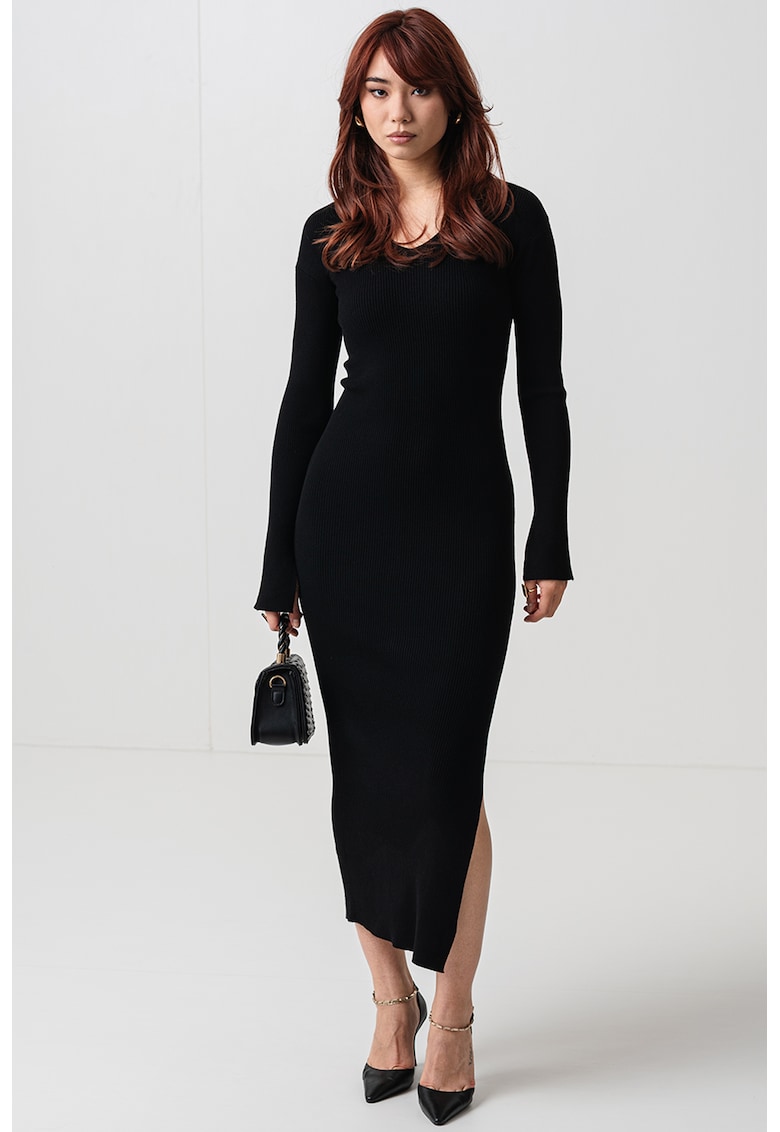 Rochie cambrata striata si slit lateral - Negru