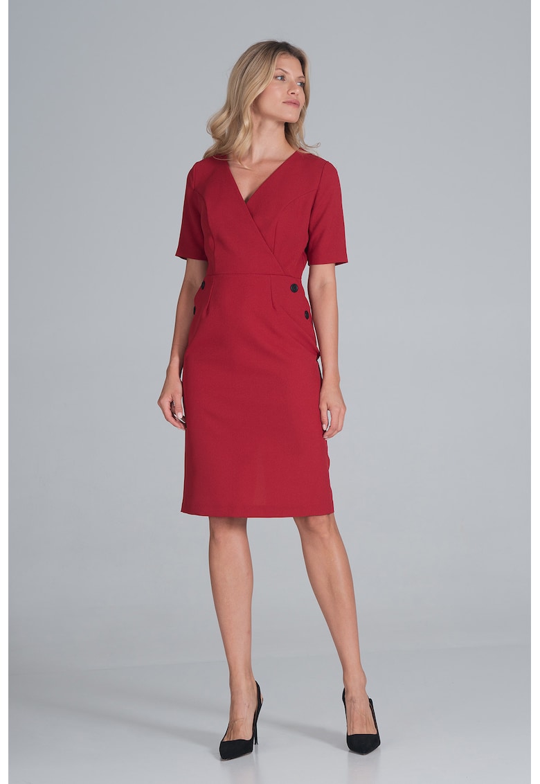 Rochie creion  rosu - maneca scurta - poliester -